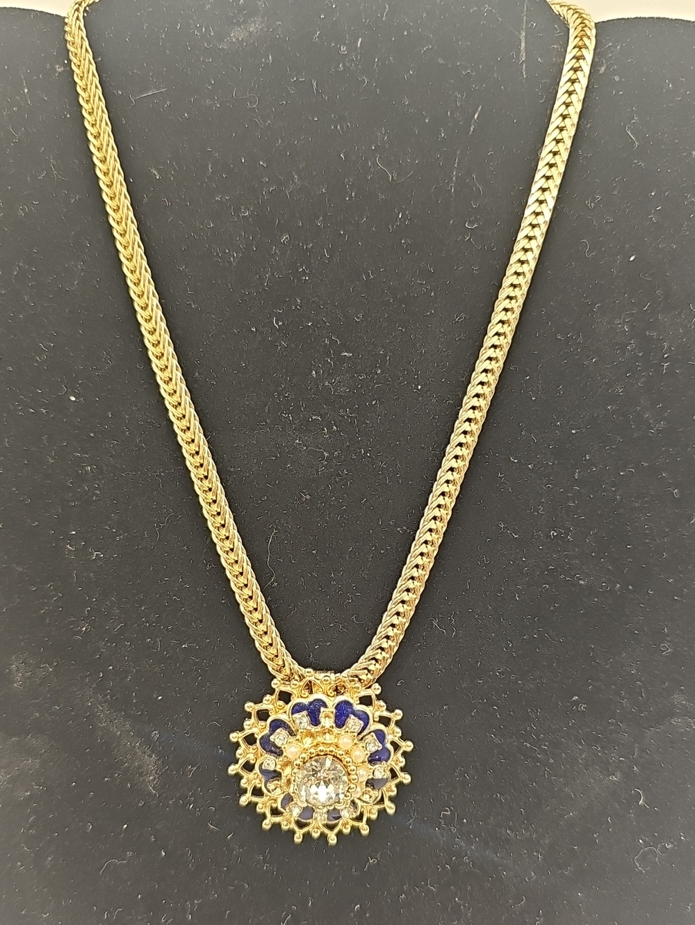 Vintage Coro 1945 WW11 Gold filled Chain Necklace Blue Accent Sunburst Pendant